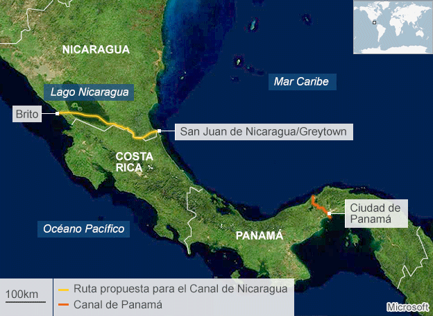 Mapa del futuro Canal de Nicaragua y el de Panamá