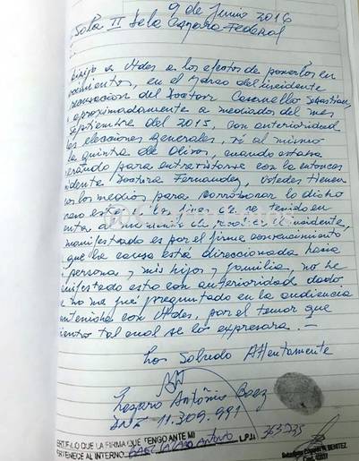 En una carta a la Cámara, Báez dijo que vio a Casanello en Olivos.