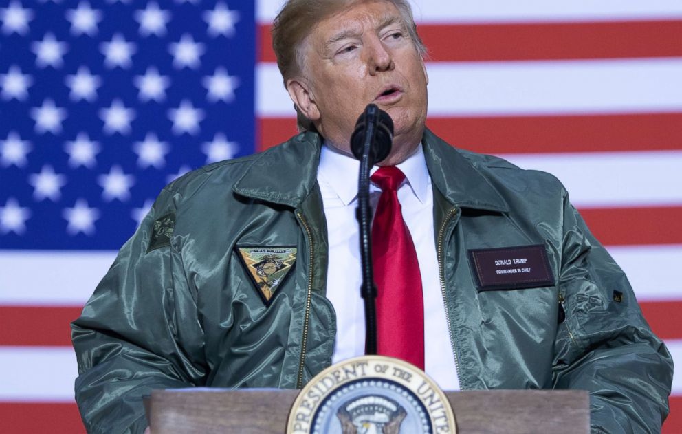 PHOTO: President Donald Trump speaks to members of the U.S. military during an unannounced trip to Al Asad Air Base in Iraq, Dec. 26, 2018.