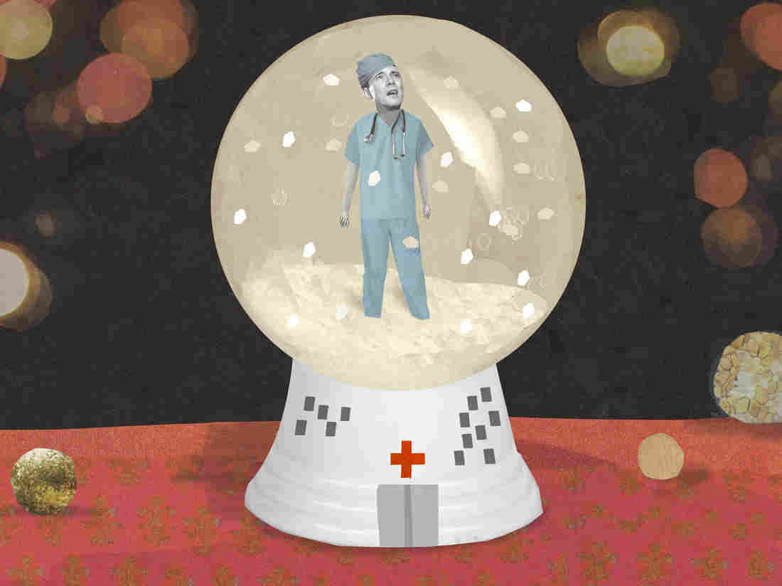 Illustration of a young doctor trapped in a snowglobe by Katherine Streeter for NPR.