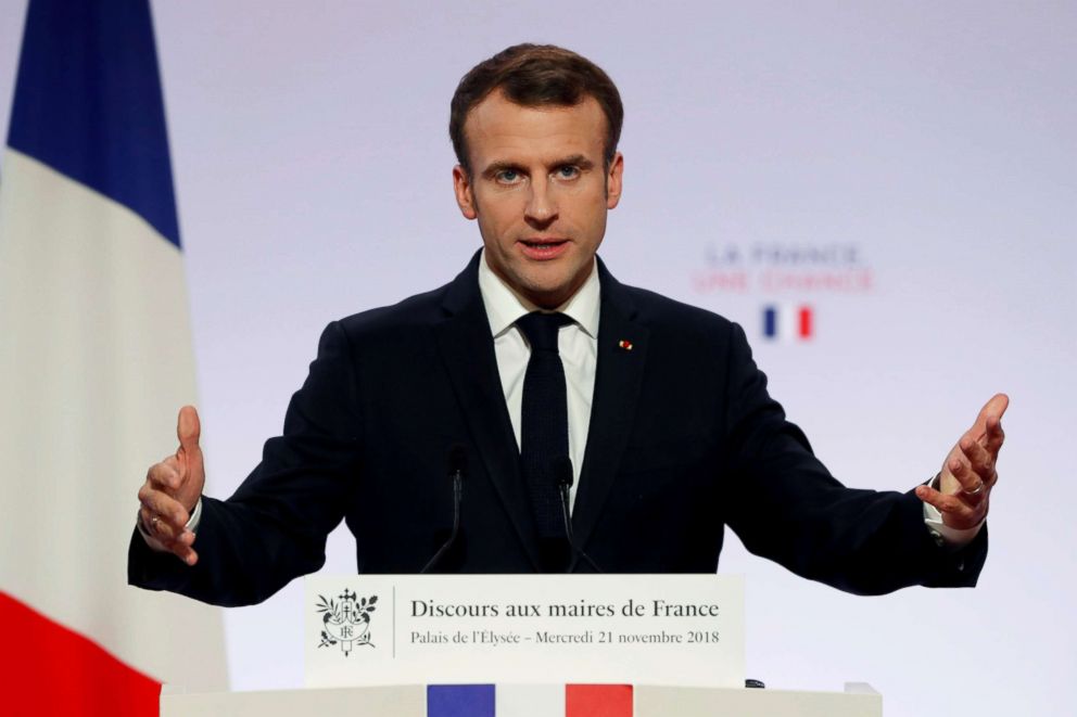 PHOTO: Frances President Emmanuel Macron delivers a speech during a meeting with French mayors at the Elysee Palace, in Paris, Nov. 21, 2018. 