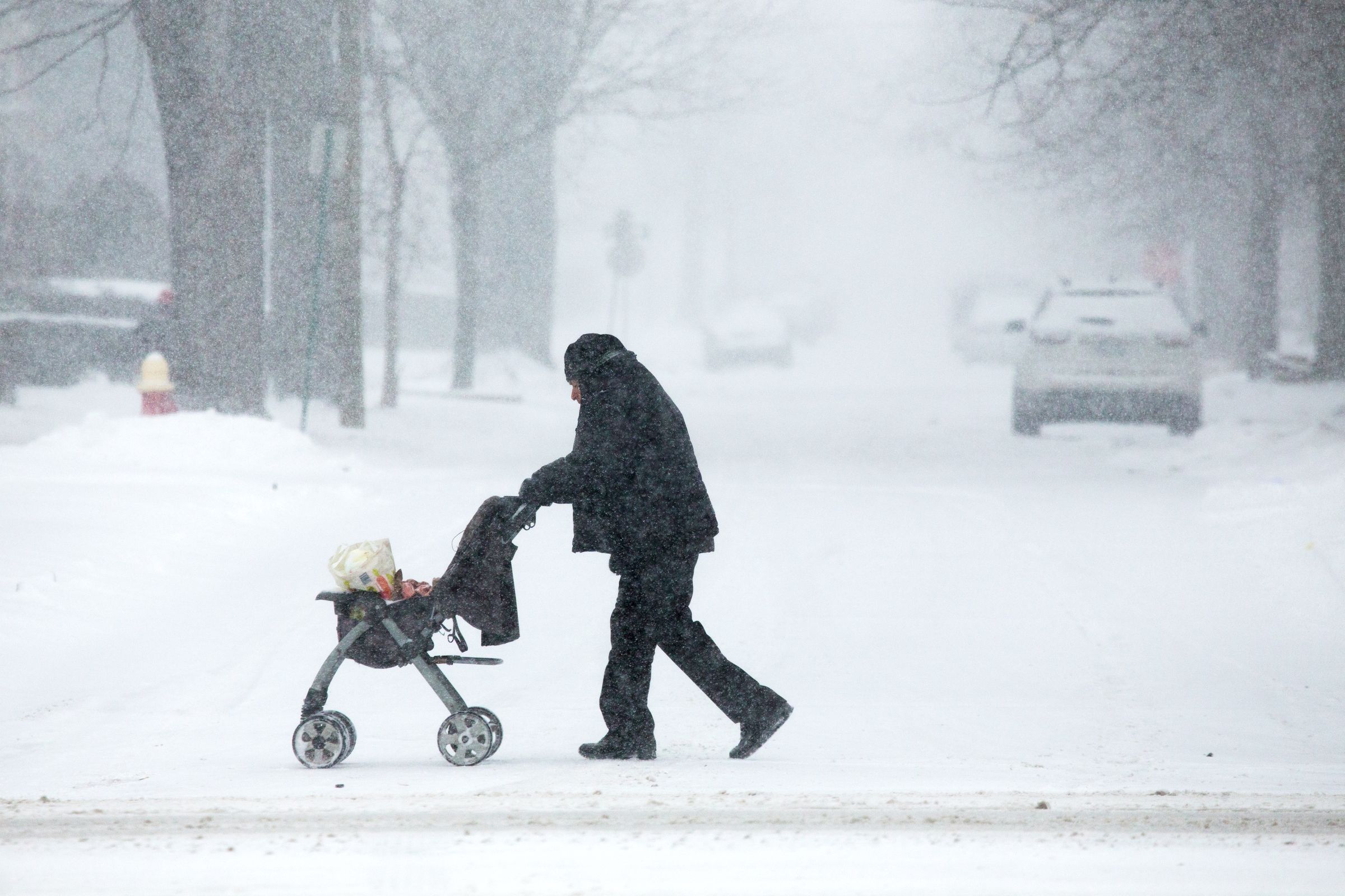 A man pushes a stroller with groceries as flurries swirl around in Detroit, Jan. 28, 2019. 