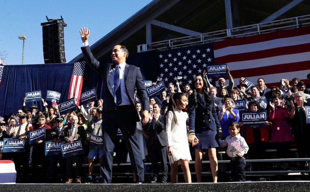 PHOTO: Former San Antonio Mayor and Housing and Urban Development Secretary Julian Castro waves as he arrives with his family to an event where he announced his decision to seek the 2020 Democratic presidential nomination, Jan. 12, 2019, in San Antonio.