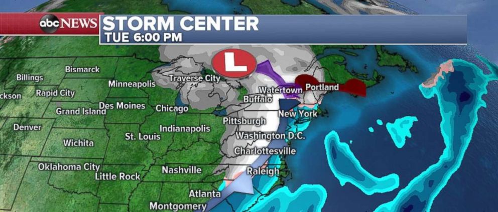 PHOTO: The clipper system will move into the Northeast on Tuesday, with snow inland and rain and an icy mix on the coast.