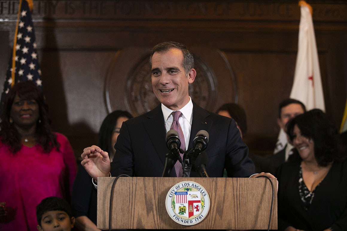 Eric Garcetti speaks during a press conference where he ruled out a 2020 campaign